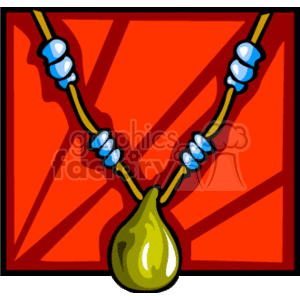 This clipart image depicts a lei, which is a traditional Hawaiian necklace made of flowers, shells, seeds, nuts, or feathers. However, in this particular image, the necklace seems to be stylized rather than realistic and features a pendant that could be interpreted as a stylized nut or seed, with blue and white accents on the string which may represent shells or beads.