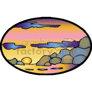 The clipart image depicts a stylized sunset or dusk scene within an oval frame. It features a colorful sky with shades of yellow, orange, and purple, and has dark silhouettes of clouds. In the foreground, there are rounded shapes resembling rocks or boulders. A small sun or celestial body sits near the horizon, adding to the impression of a sunset.