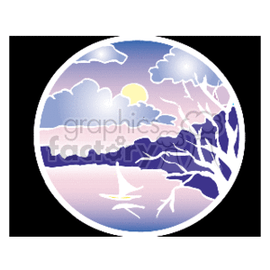   The clipart image depicts a serene landscape within a circular frame. It features a mountainous backdrop with layers of mountains under a sky with clouds and a moon visible, suggesting dusk. In the foreground, there