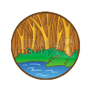   The clipart image depicts a stylized representation of a forest scene with several trees in brown and green, suggesting trunks and foliage. In the foreground, there is a body of blue water, such as a river or small lake, with waves illustrated by simple lines. Greenery or shrubs are shown at the water