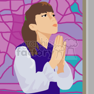 Young Girl Praying in Church with Stained Glass Background