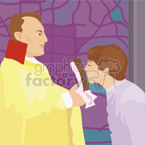 The clipart image features a religious scene where a priest, identifiable by his clerical attire with a stole, is holding a book (likely a Bible or prayer book) in front of a young girl. The girl appears to be in an act of reverence or prayer, possibly receiving a blessing or participating in a sacrament like confirmation or first communion. The background suggests a stained glass window, common in churches.