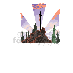 In this clipart image, there's a mountain or hill with a crucifix at the peak, with an individual depicted on the cross, presumably representing Jesus. There are trees lining the slope of the mountain, and a stylized radiant glow emanating from behind the cross. The sky is depicted in pastel colors with a suggestion of clouds or the breaking dawn. This image is evocative of religious themes, particularly within Christianity, and appears to be referencing the crucifixion of Jesus Christ, which is an element often depicted in the Stations of the Cross, specifically the 12th station which commemorates Jesus' death on the cross.