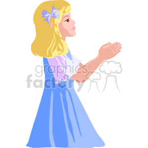 This clipart image depicts a young girl with blonde hair, dressed in a blue dress with a white collar, and a ribbon in her hair. She has her hands pressed together in a gesture of prayer. The image conveys a sense of innocence and spirituality commonly associated with Christian prayer practices.