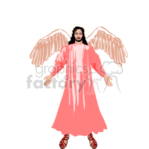 This clipart image depicts an angelic figure with wings, wearing a halo, dressed in a long pink robe, and sandals. The background is black, adorned with small white crosses.