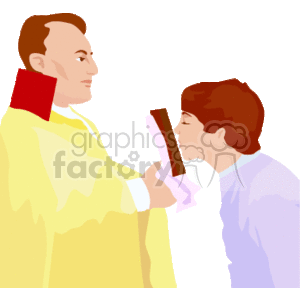 The clipart image depicts a religious scene where a priest or clergy member is holding a book, possibly a Bible, and appears to be giving a blessing or conducting a prayer with a person who is kneeling before him. The person kneeling shows a gesture of reverence or worship, commonly associated with prayer or seeking blessings in many religious practices.