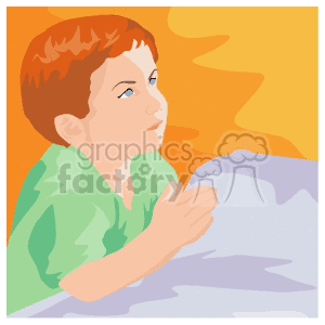 Clipart image of a young boy with red hair praying with clasped hands, set against a bright background.