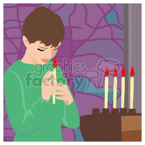 Illustration of a person holding a candle in a religious setting with a row of lit candles.