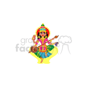 Clipart image of a colorful depiction of a Hindu goddess holding a veena and book, signifying knowledge and arts.