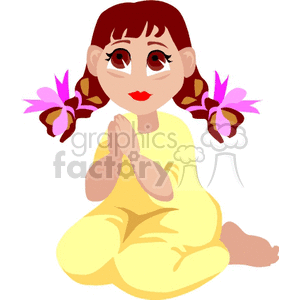 Clipart of a little girl with brown hair and pink ribbons praying, symbolizing religious devotion.