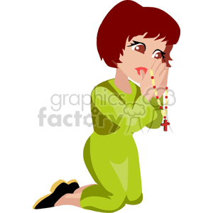 Clipart of a woman in a green outfit kneeling and praying with a rosary.