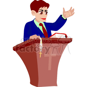 Clipart of a preacher at a podium holding a rosary and speaking with a Bible open, symbolizing a Christian religious service.