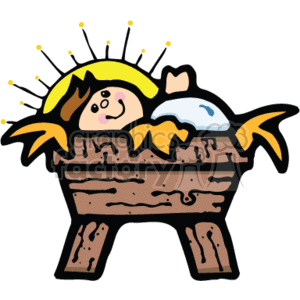 The clipart image depicts a stylized representation of baby Jesus lying in a manger, which is a common scene related to the nativity of Jesus, celebrated during Christmas. The baby has a halo signifying holiness, and the manger appears to be made of wood. The scene is simplified and cartoonish, suitable for children's books or festive decorations.
