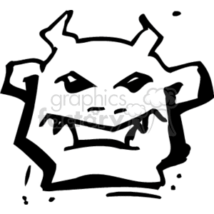 Black and white clipart of a monster or alien with horns and sharp teeth.