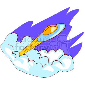 Clipart illustration of a UFO spaceship flying through the sky surrounded by clouds with a dynamic background.