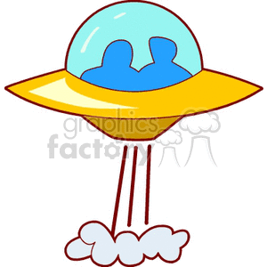 A cartoon-style UFO with a yellow body and blue dome, emitting beams and clouds.