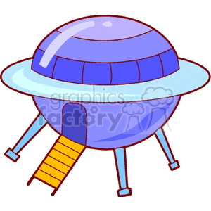 Colorful cartoon illustration of a classic UFO spaceship with legs and stairs.