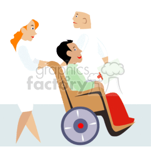   The clipart image features a healthcare setting with three characters: a nurse, a doctor, and a patient. The nurse is pushing the patient in a wheelchair, and the doctor appears to be walking alongside them, holding a clipboard or folder, suggesting he might be reviewing the patient