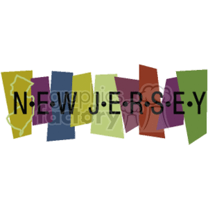 The clipart image shows a stylized text that reads NEW JERSEY with each letter on a separate color block. On the left side, there is an outline of the state of New Jersey colored in yellow.