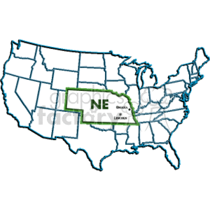   This clipart image features a simplified outline map of the United States with the state of Nebraska highlighted. The highlight is a green overlay on Nebraska with the letters NE to abbreviate the state