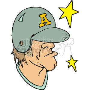   This clipart image depicts a side profile of a cartoon character wearing a baseball helmet featuring the letter A. There is a prominent chin and a somewhat exaggerated facial expression on the character, which suggests a humorous take on a sports theme. Two stars appear in the background next to the character