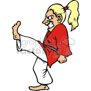 The image shows a humorous clipart illustration of a character performing a martial arts kick. The character is wearing a red karate gi with a black belt and has a comically exaggerated facial expression.