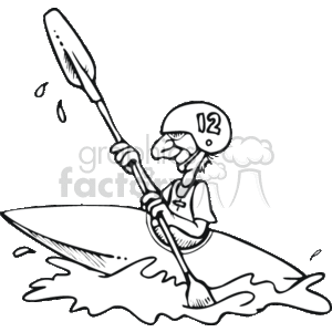   The clipart image features a person engaged in a kayaking activity. The person is wearing a helmet with the number 02 on it and is paddling enthusiastically with a double-bladed paddle. They are seated in a kayak that is on wavy water, possibly depicting swift river currents or rapids, indicative of whitewater kayaking. The character is shown with a focused expression on their face, possibly illustrating the determination and concentration required for the sport. The style of the image is comedic, with exaggerated features for a humorous effect. 