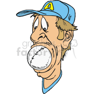 The clipart image depicts a comedic situation where a man (presumably a coach) with a baseball cap is shown with a stunned expression and a baseball stuck in his mouth.