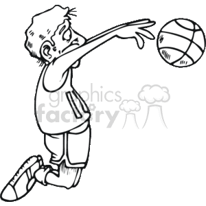 The clipart image depicts a cartoon of a basketball player in the act of passing a basketball. The player is shown with one knee on the ground, in a somewhat exaggerated posture with one arm outstretched and fingers pointing towards the ball, conveying motion. The image has a humorous style, capturing the sports theme in a playful manner.