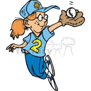 This clipart image features a cartoon of a girl playing baseball or softball. She is wearing a uniform with the number 2, a baseball glove, and a cap with a sunflower emblem. The girl has a determined expression as she reaches out to catch a baseball. The portrayal suggests she is perhaps playing the position of shortstop, and the style is lighthearted and humorous.
