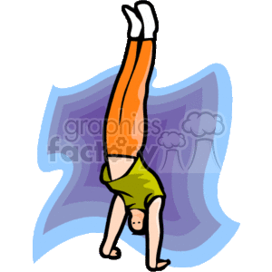   The clipart image depicts a cartoon character performing a handstand. The character is wearing green shorts and an orange legging. There