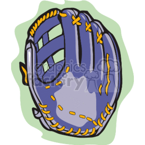   This clipart image features a stylized illustration of a baseball mitt or glove. The glove is predominantly blue with yellow stitching and is shown in a perspective that suggests it