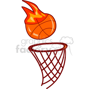 The clipart image shows a basketball with flames coming off it, flying towards a basketball hoop. The basketball is depicted as if it is on fire, creating a fiery and dynamic visual effect like the ball is being slam dunked