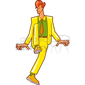 A cartoon illustration of a man wearing a bright yellow suit, yellow shoes, green shirt, and brown tie, performing a high step or dance move.