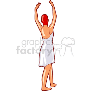 Clipart image of a woman with red hair stretching her arms upward, wearing a white dress.