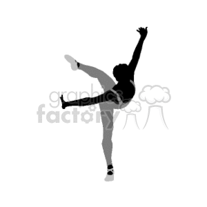 Clipart image of a ballet dancer performing a high leg kick with an arm extended upwards.