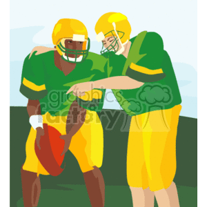 The clipart image depicts two football players in green and yellow uniforms. One player is holding a football and appears to be discussing a play or strategy with the other. They are likely in a huddle or pause during a game or practice session. The background is stylized to suggest a football field environment.