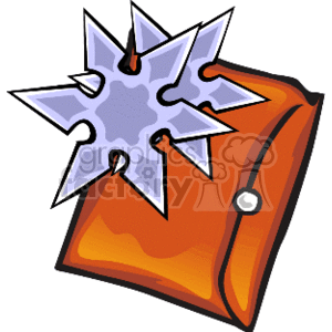   The image depicts a shuriken, commonly referred to as a throwing star, which is a weapon traditionally used in Japanese martial arts. The shuriken is often associated with ninjas. The graphic shows the star tucked inside a brown wallet or pouch, suggesting the weapon is being concealed for stealthy transportation or storage. 