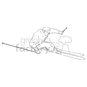 The clipart image depicts a person engaged in the sport of skiing. The skier, wearing ski boots and holding ski poles, appears to be in an aggressive skiing posture, suggesting they are maneuvering down a slope or racing.