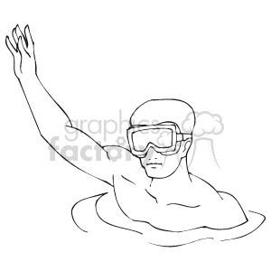 The image is a black and white clipart depicting a swimmer wearing goggles. The swimmer has one arm extended forward, which is a typical pose of someone who is swimming the freestyle stroke. There are also ripples around the swimmer indicating movement in the water.