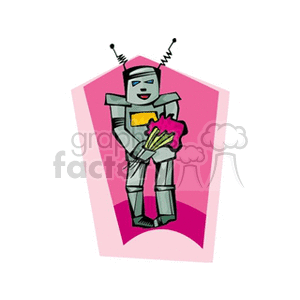 Robot Holding Flowers with Pink Background