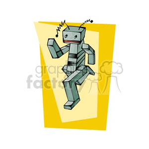 A clipart image of a robot with square limbs and antennas, set against a yellow background , in a running pose