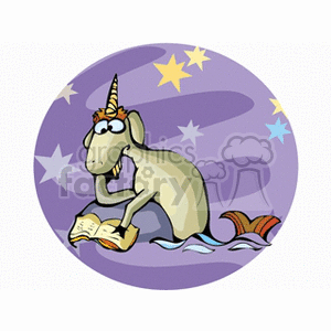 This clipart image features a cartoon representation of the Capricorn zodiac sign. The image depicts a mythical creature with the body of a goat and the tail of a fish, reading a book, surrounded by stars on a purple background.