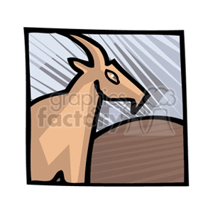 Clipart image depicting the Capricorn zodiac sign represented by a stylized goat with long horns against a background with diagonal lines and a brown hill.