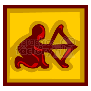 The image depicts a stylized representation of Sagittarius, one of the signs of the zodiac. It features a figure in red, in the pose of an archer drawing back a bow, set against a yellow background within a brownish-red border.