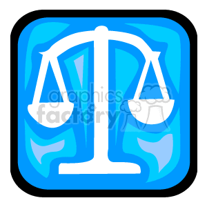 The clipart image depicts the symbol for Libra, one of the twelve astrological zodiac signs. It features a stylized balance scale, which represents the Libra sign, all within a square frame with rounded corners. The background has a blue, flame-like pattern.