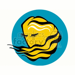 Illustration of the Virgo zodiac sign depicted as a stylized yellow face with flowing hair inside a blue circle.