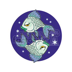 Clipart image of two fish in a circular frame, representing the Pisces astrological sign, with stars in the background.