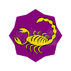 A vibrant clipart image of a yellow scorpion on a purple star-shaped background, representing the Scorpio zodiac sign.