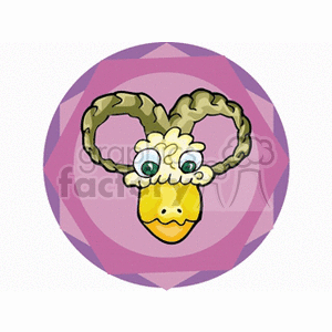 Clipart image of a cartoon-style Aries zodiac sign symbol with ram horns in a circular purple frame.